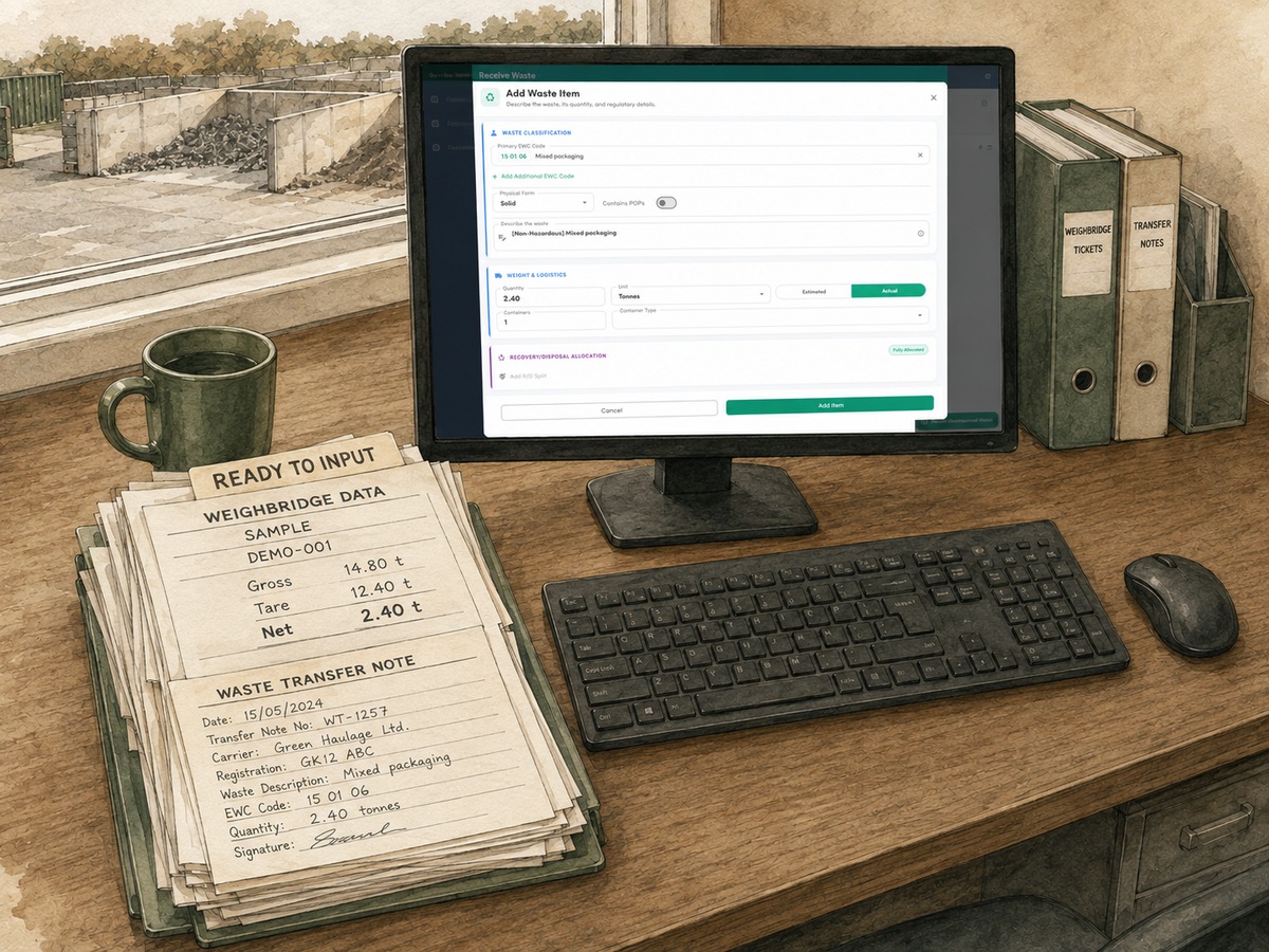 Waste codes, permit details and carrier registrations, gathered once so the daily recording is quick.